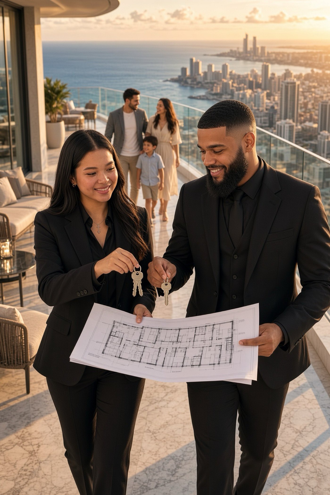 Apichaya and Gerd handing keys to a family, with the city behind them
