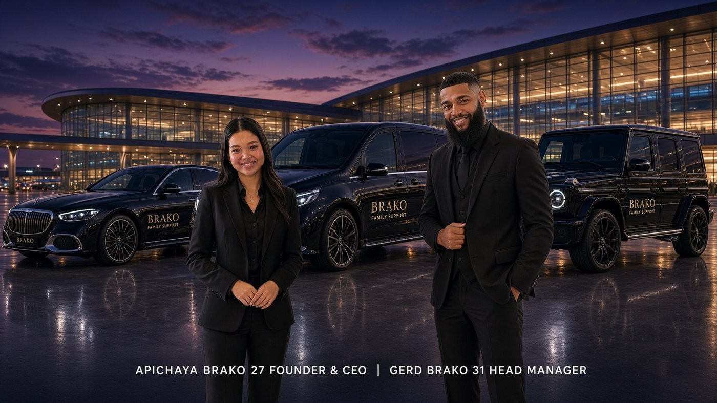 Apichaya and Gerd with the family cars at an airport