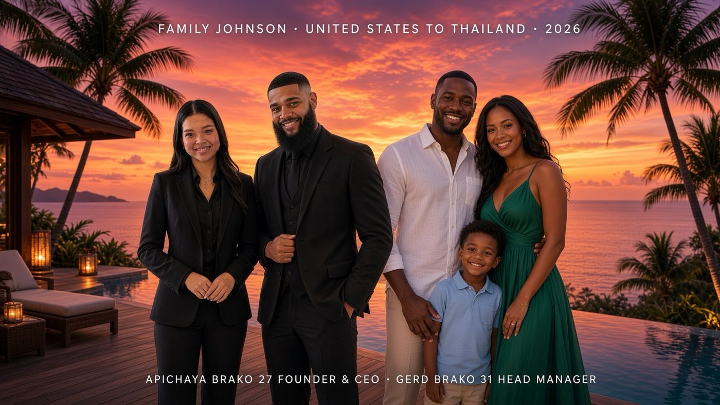 Apichaya and Gerd with a family at a Thai villa at sunset