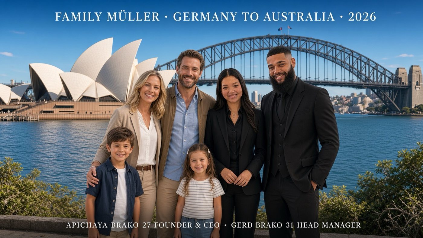 Apichaya and Gerd with a family in front of the Sydney Opera House and Harbour Bridge