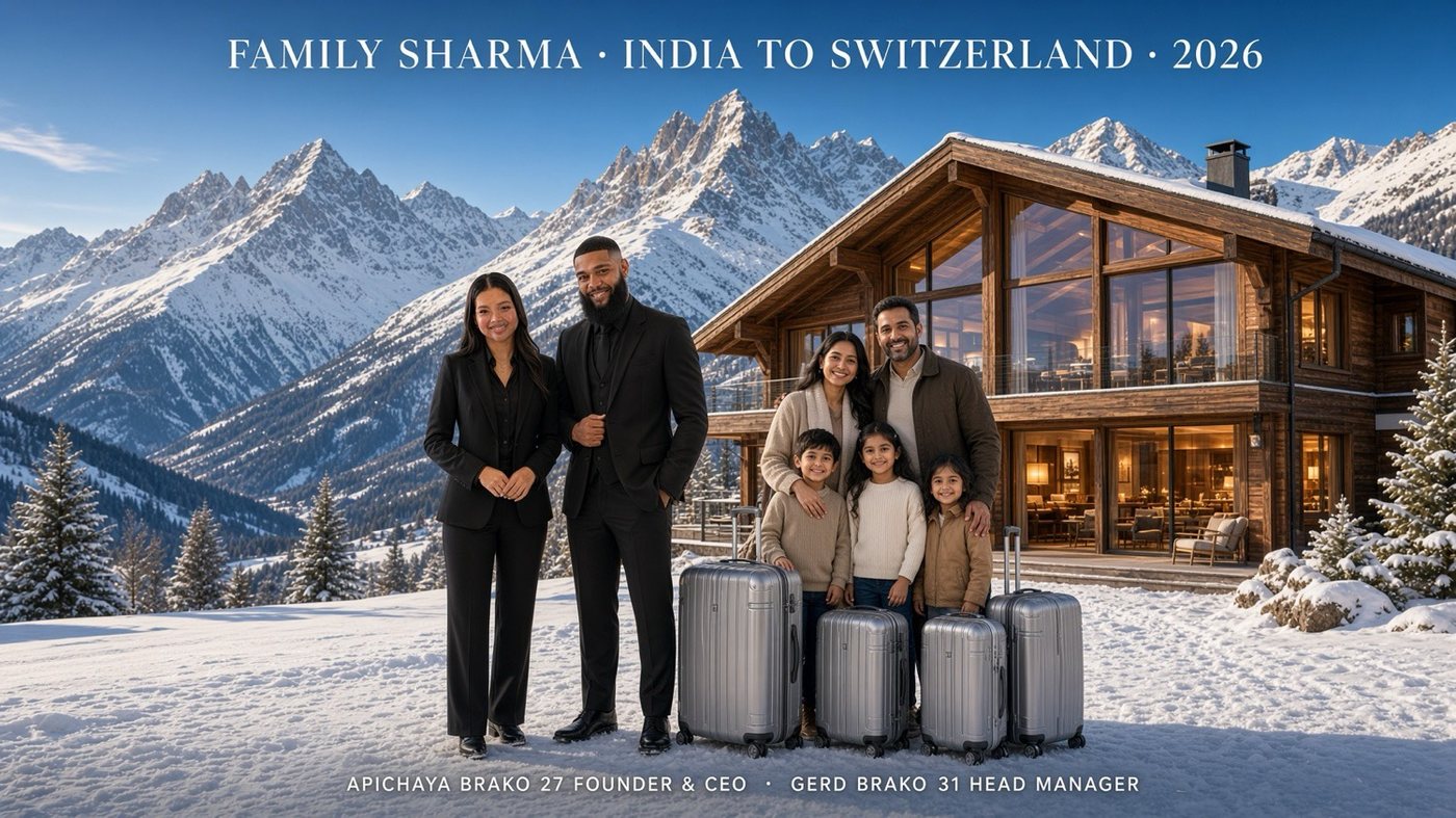 Apichaya and Gerd with an Indian family and luggage in the snow outside a Swiss chalet
