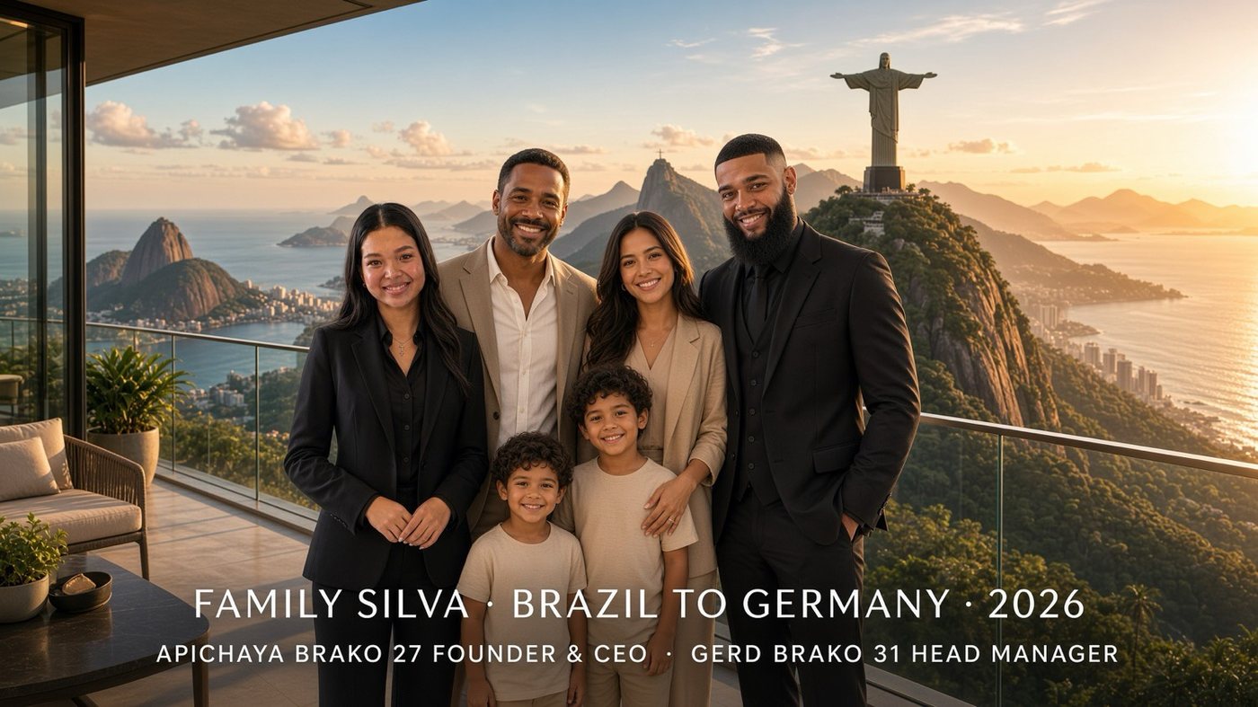 Apichaya and Gerd with a Brazilian family on a terrace above Rio